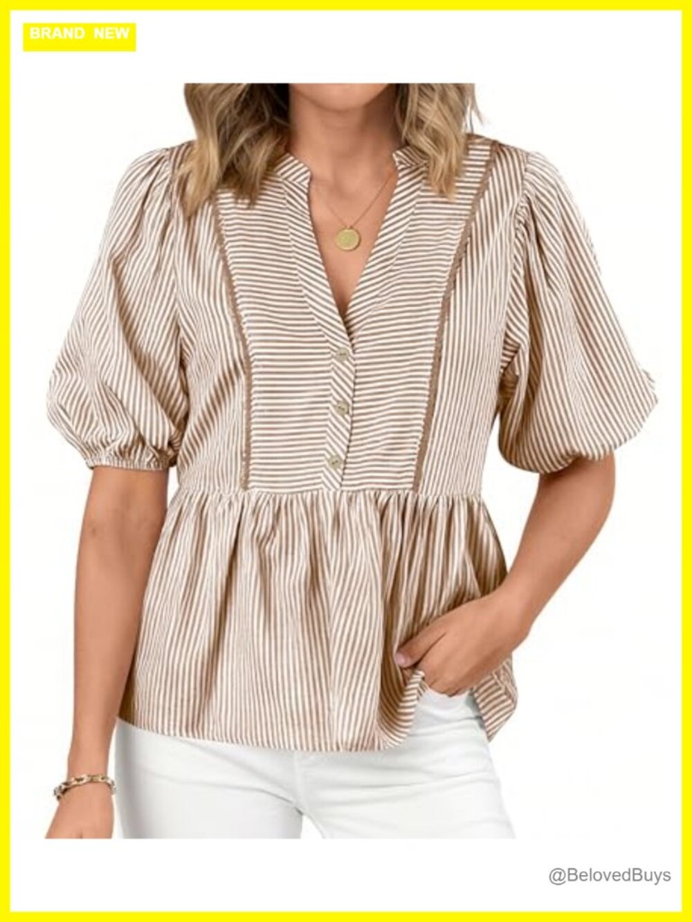 Women Lantern Sleeve Button Up Striped Babydoll Blouse Loose Fit V-Neck
